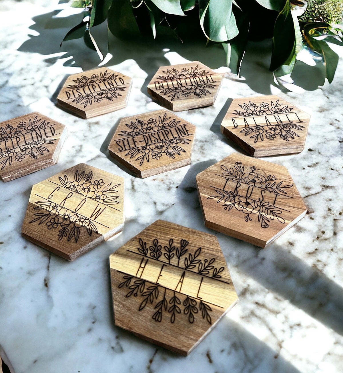 Acacia Wood Coaster, Engraved Word of the Year, Floral Design