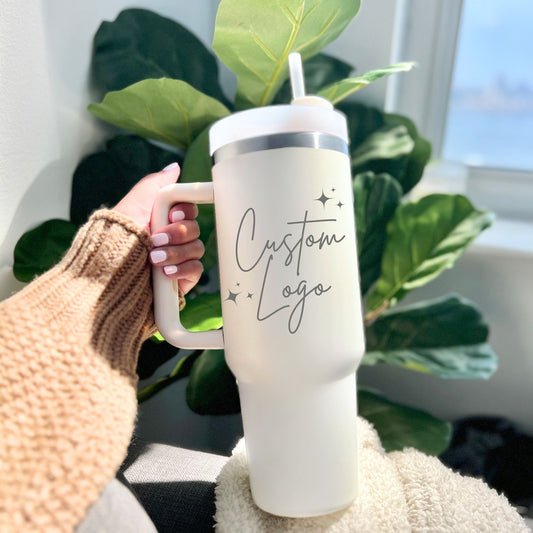 Custom Logo Laser Engraved tumbler, Business Logo Travel Mug, Custom Stanley Laser Engraved, 40oz tumbler with handle and straw