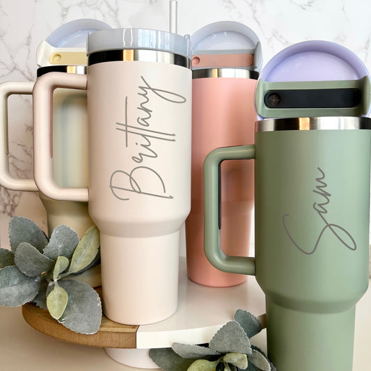 Personalized Large Name Laser Engraved 40oz Stanley Style Tumbler Handle Lid and Straw, Bridesmaid proposal, Gifts for Her, Corporate Logo
