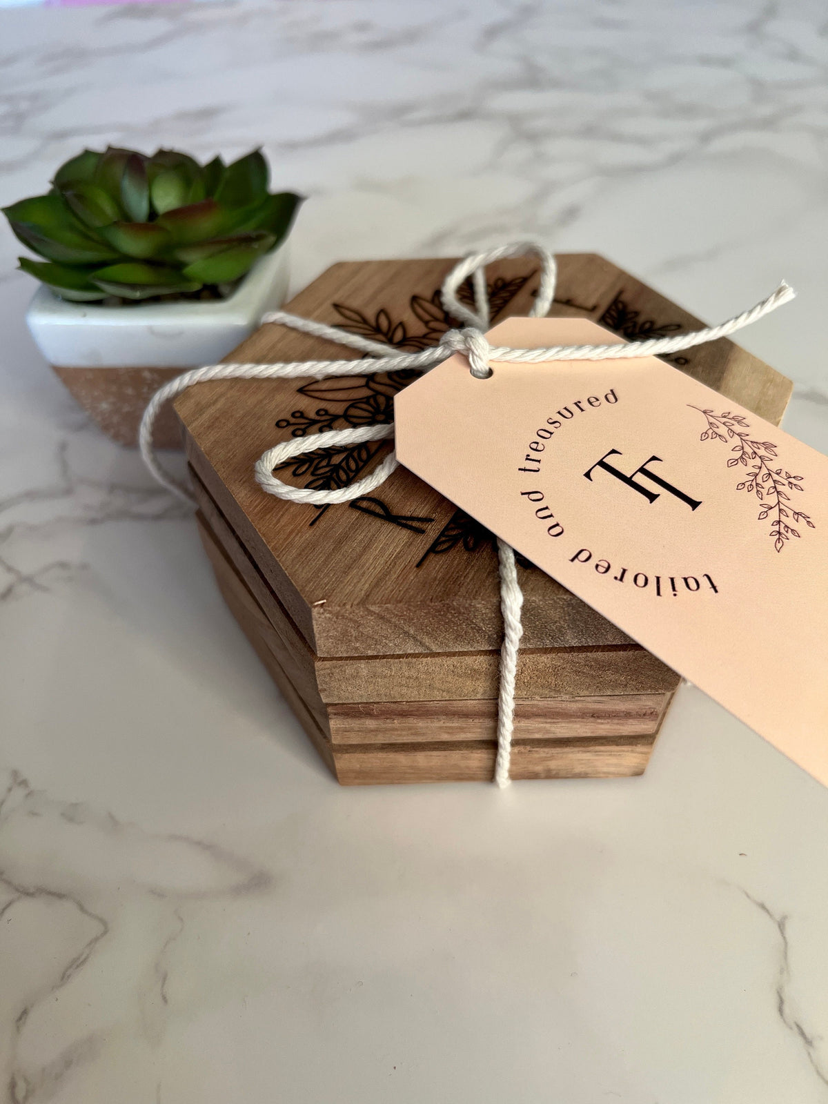 Acacia Wood Coaster, Engraved Word of the Year, Floral Design