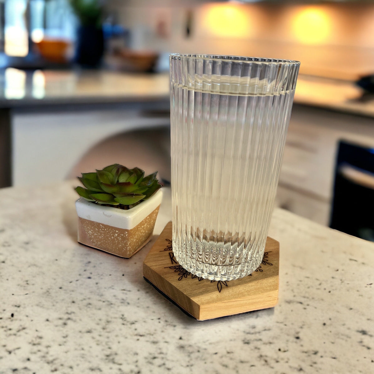Acacia Wood Coaster, Engraved Word of the Year, Floral Design