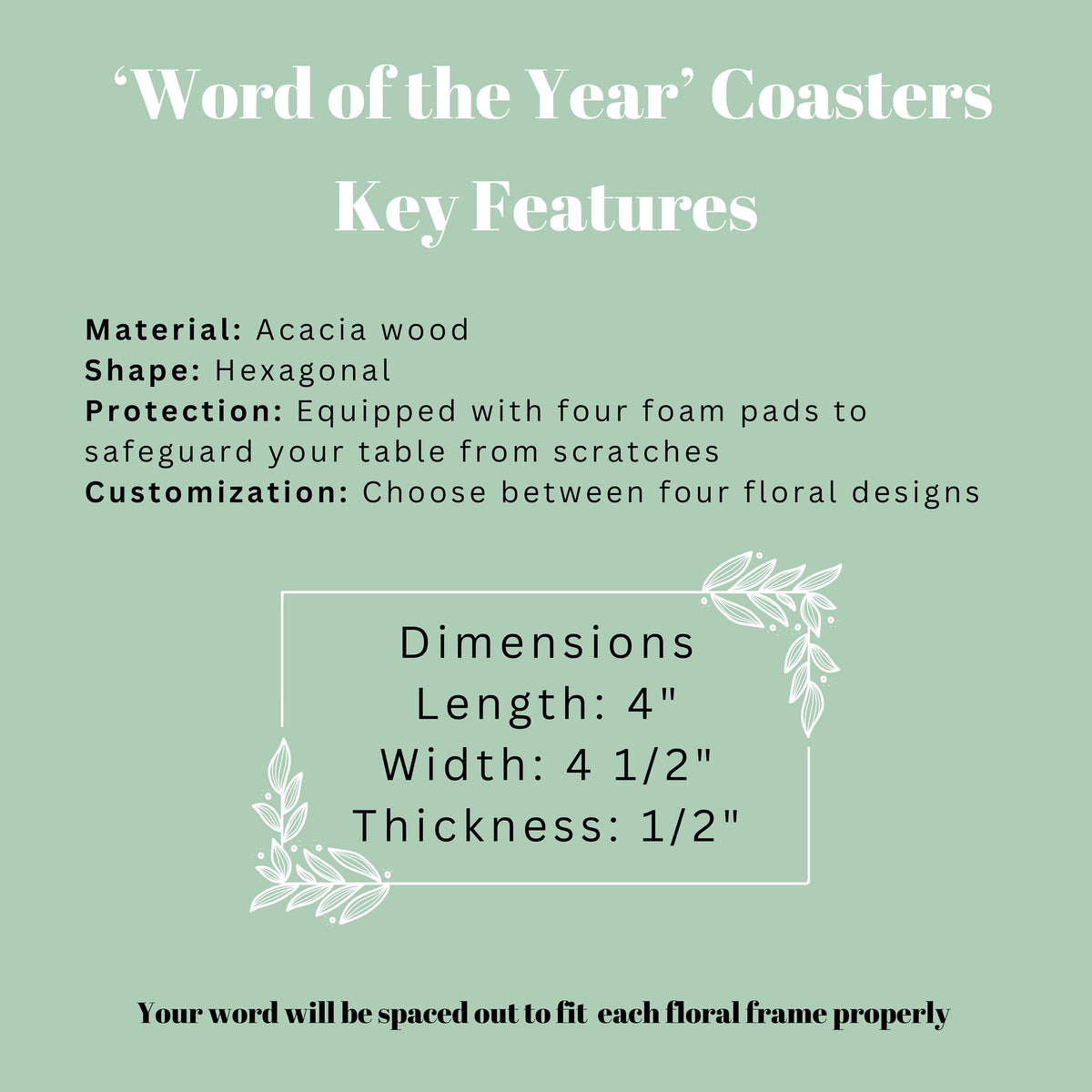 Acacia Wood Coaster, Engraved Word of the Year, Floral Design