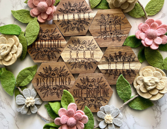 Acacia Wood Coaster, Engraved Word of the Year, Floral Design