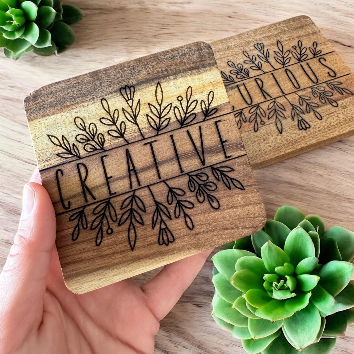 Acacia Wood Coaster, Engraved Word of the Year, Floral Design