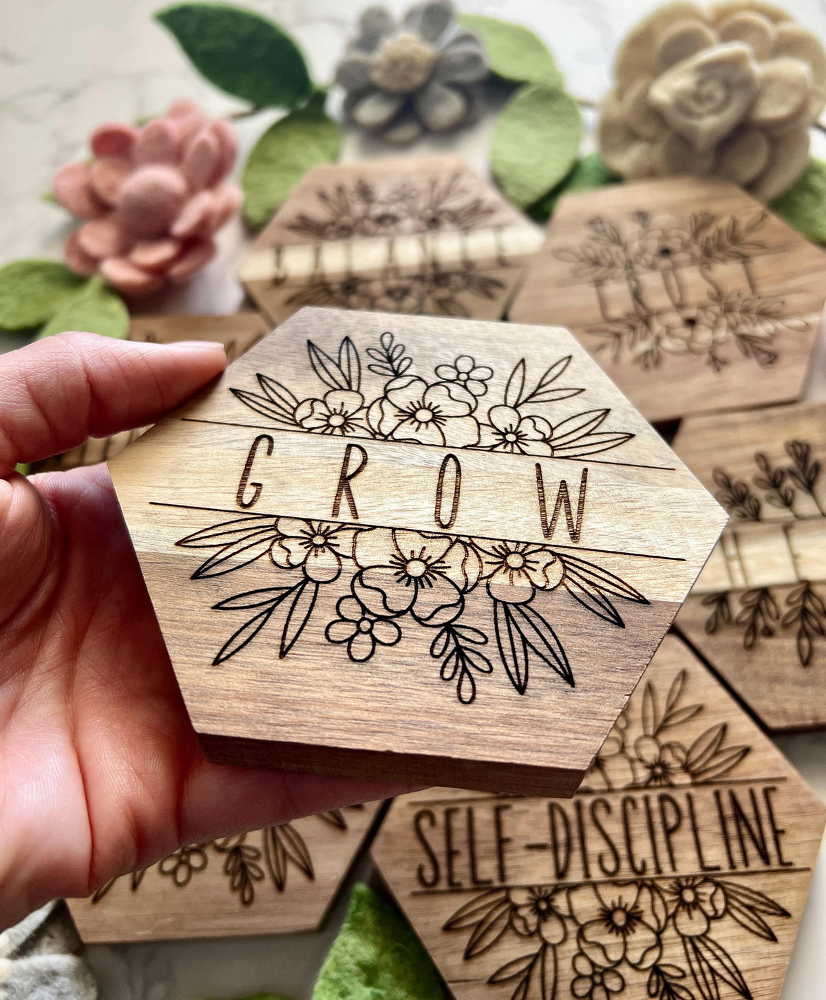 Acacia Wood Coaster, Engraved Word of the Year, Floral Design