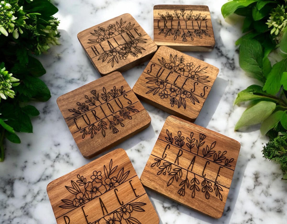 Acacia Wood Coaster, Engraved Word of the Year, Floral Design