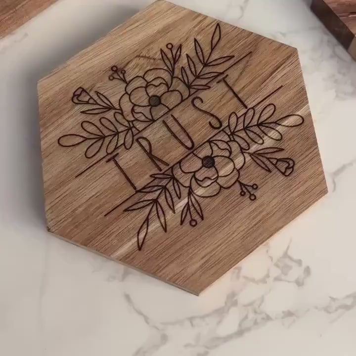 Acacia Wood Coaster, Engraved Word of the Year, Floral Design